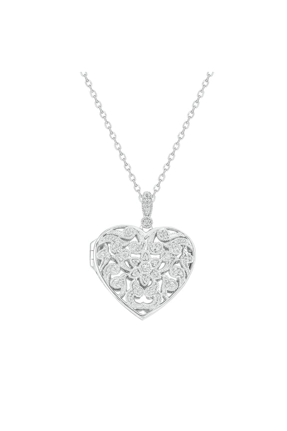Diamond Filigree Heart Pendant Necklace for Women 1/10 Ct Natural Diamonds 925 Sterling Silver 18 Inch Diamond Cut Cable Chain Vintage Openwork Gift for Women