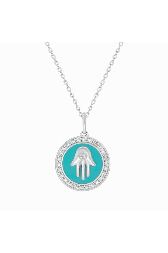 Diamond Hamsa Pendant Necklace 1/6 Ct in Turquoise Blue Ceramic and Sterling Silver