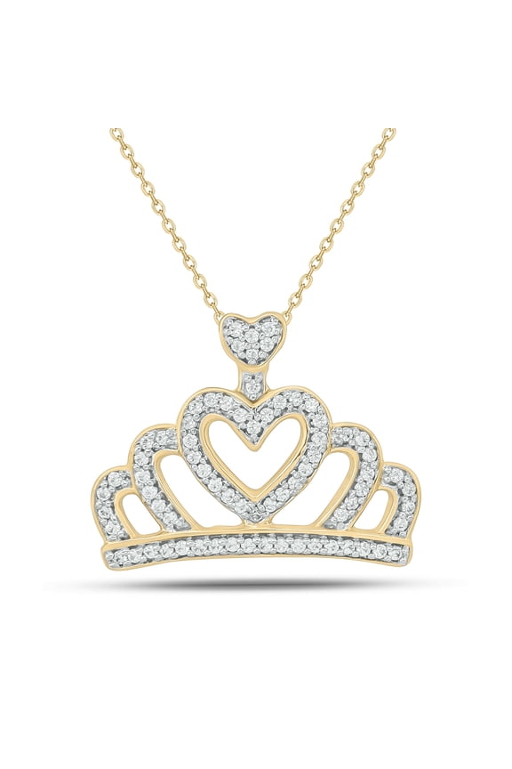 Diamond Heart Crown Pendant Necklace 1/6 Ct Natural Diamonds in 14KT Yellow Gold Vermeil Symbol of Love and Royalty Gift for Women