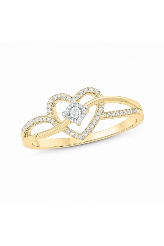 Diamond Heart Promise Ring for Women, 1/10 Ct White Diamonds, Criss-Cross Design, Yellow Gold-Plated Romantic Engagement/Promise Ring
