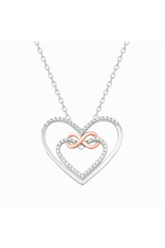 Double Heart Necklace in 18KT Rose Gold Vermeil Plating on Sterling Silver with 1/10 Ct Natural Diamonds on 18 Inch Chain Gift for Women