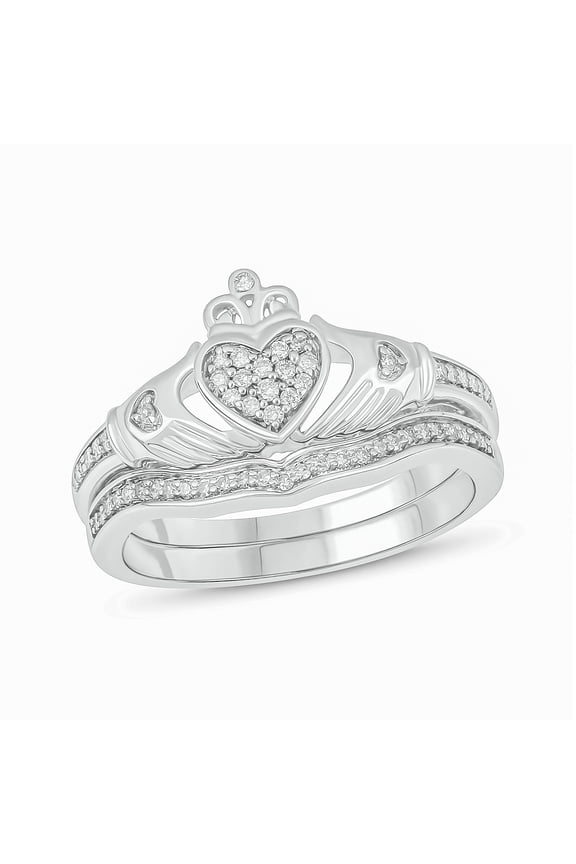 Sterling Silver 1/5ct TDW Round White Diamond 2 Piece Claddagh Bridal Ring Set
