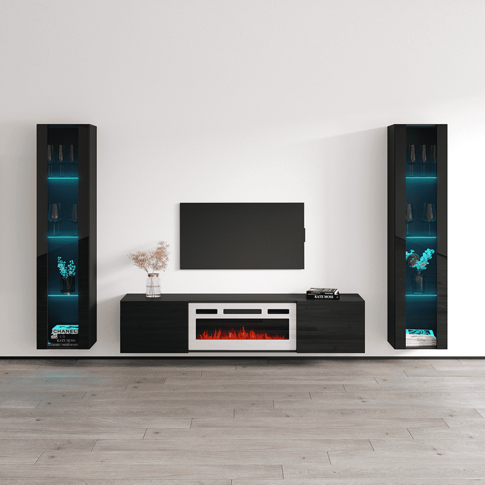 Black High Gloss Floating Fireplace Entertainment Center with Bookcases
