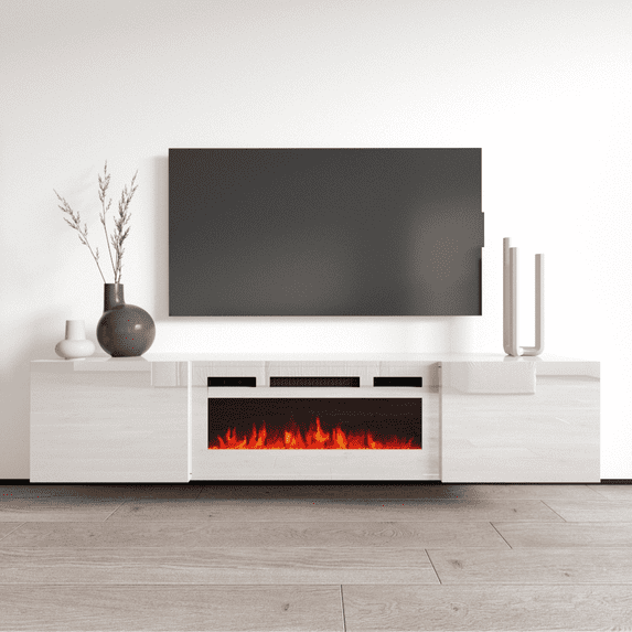 Cali WH-EF Floating Fireplace TV Stand for TVs up to 80", Modern High Gloss 72" Entertainment Center, Wall Mounted Electric Fireplace TV Media Console with Storage Cabinets