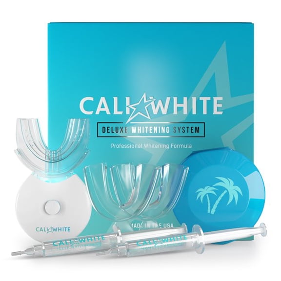 Cali White Teeth Whitening Strip Kit with LED Light and Batteries - Organic Peroxide Teeth Whitening Gel - Set of White Strips - 2x5ml Syringes, Thermoform Whitening Kit Trays and Case