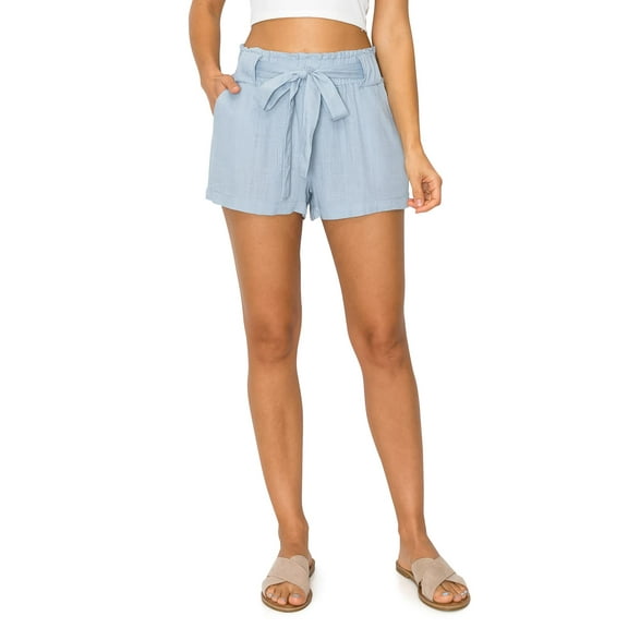 Cali1850 Oceanside Women's Paperbag Linen Shorts Elastic Waist Self Tie Belt Paper Bag Beach Pants with Pockets