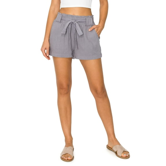Cali1850 Oceanside Women's Paperbag Linen Shorts Elastic Waist Self Tie Belt Paper Bag Beach Pants with Pockets