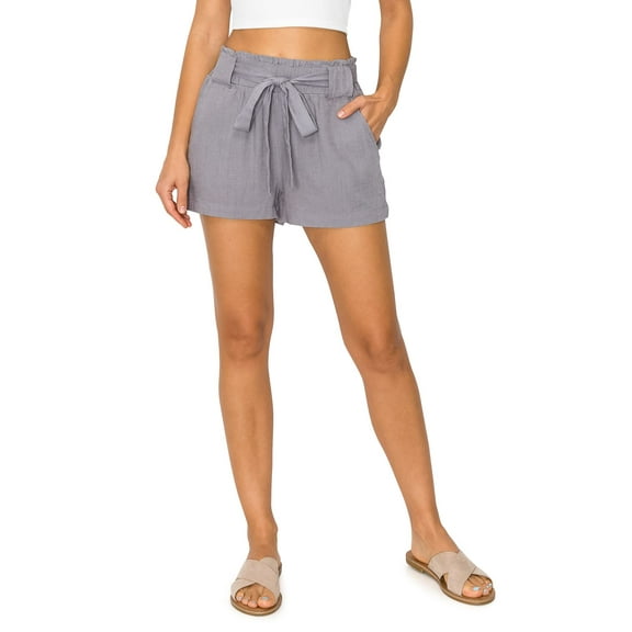 Cali1850 Oceanside Women's Paperbag Linen Shorts Elastic Waist Self Tie Belt Paper Bag Beach Pants with Pockets