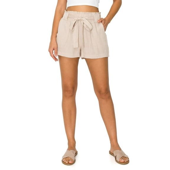 Cali1850 Oceanside Women's Paperbag Linen Shorts Elastic Waist Self Tie Belt Paper Bag Beach Pants with Pockets