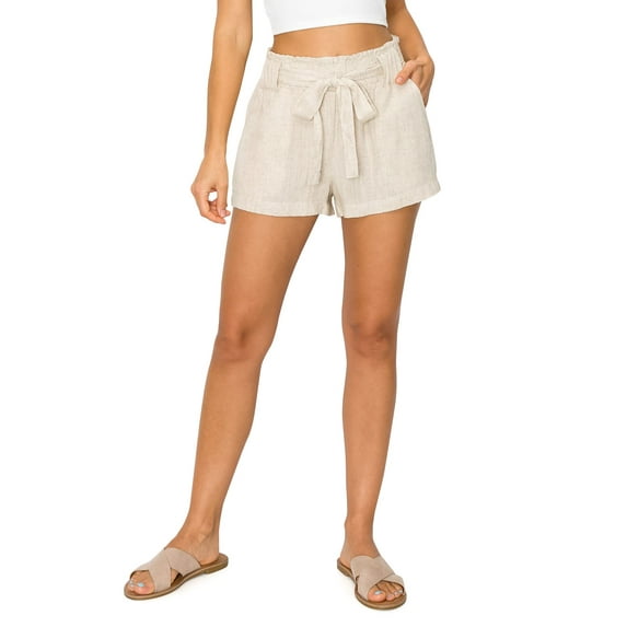 Cali1850 Oceanside Women's Paperbag Linen Shorts Elastic Waist Self Tie Belt Paper Bag Beach Pants with Pockets