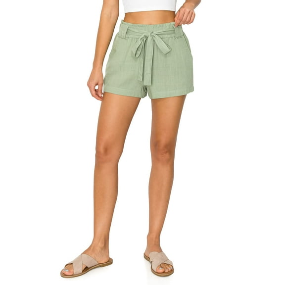 Cali1850 Oceanside Women's Paperbag Linen Shorts Elastic Waist Self Tie Belt Paper Bag Beach Pants with Pockets