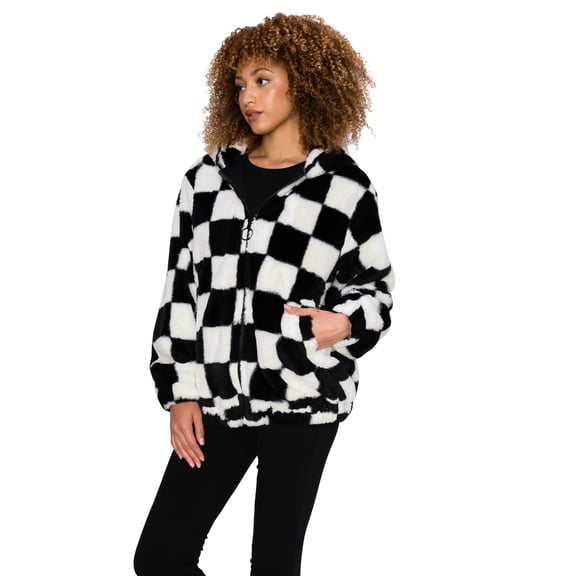 Cali1850 Women's Black & White Plaid Zip Up Faux Fur Shearlig Winter Coat Jacket