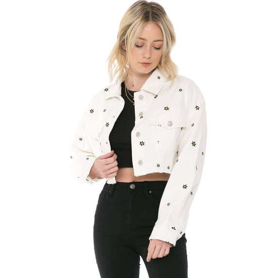 Cali1850 Women's Casual Denim Crop Jacket Daisy Embroidered Button Down Raw Cut Hem Long Sleeve Jean Trucker