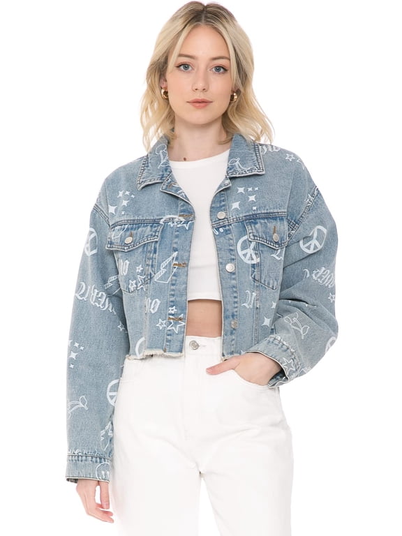 Women's Casual Denim Crop Jacket Doodle Print Button Down Raw Cut Hem Long Sleeve Jean Trucker