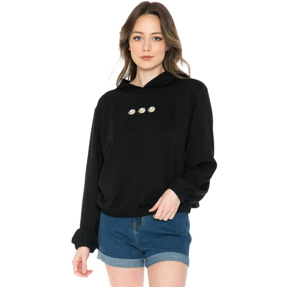 Cali1850 Women's Casual French Terry Hoodie Sweatshirt Crewneck Long Sleeve Daisy Embroidered Pullover Top