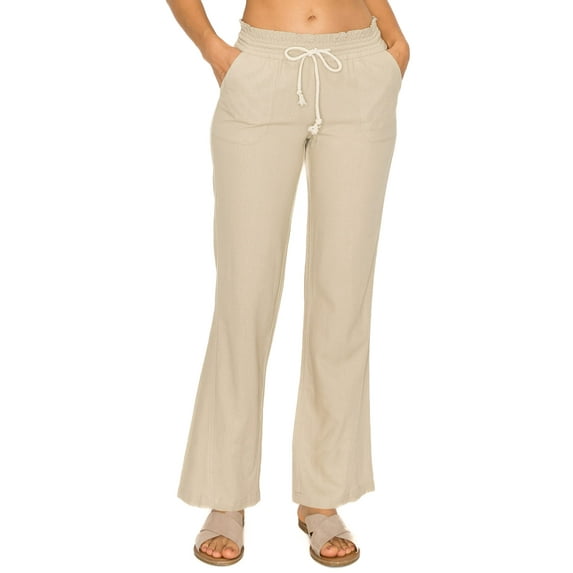 Cali1850 Women's Casual Linen Pants 29" Inseam Oceanside Drawstring Smocked Waist Lounge Beach Trousers with Pockets