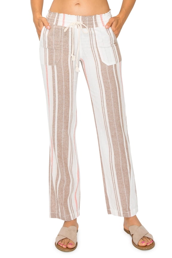 Women's Casual Linen Pants 29" Inseam Oceanside Drawstring Smocked Waist Lounge Beach Trousers with Pockets