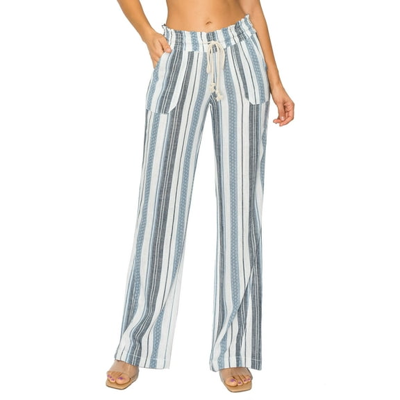Cali1850 Women's Casual Linen Pants 32" Inseam Oceanside Drawstring Smocked Waist Lounge Beach Pants with Pockets