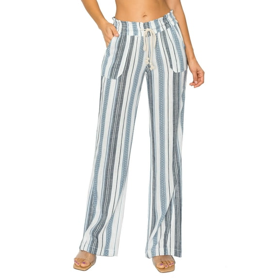 Cali1850 Women's Casual Linen Pants 32" Inseam Oceanside Drawstring Smocked Waist Lounge Beach Pants with Pockets