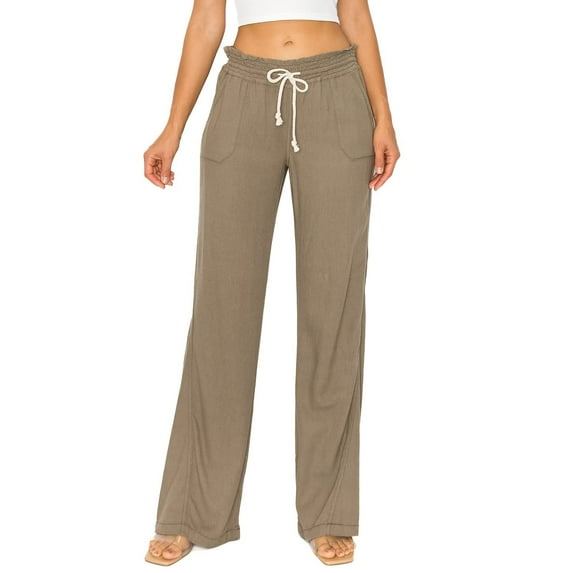 Cali1850 Women's Casual Linen Pants 32" Inseam Oceanside Drawstring Smocked Waist Lounge Beach Pants with Pockets