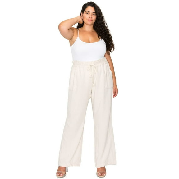 Cali1850 Women's Casual Linen Pants 32" Inseam Oceanside Drawstring Smocked Waist Lounge Beach Pants with Pockets