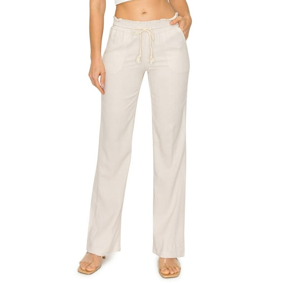 Cali1850 Women's Casual Linen Pants 32" Inseam Oceanside Drawstring Smocked Waist Lounge Beach Pants with Pockets