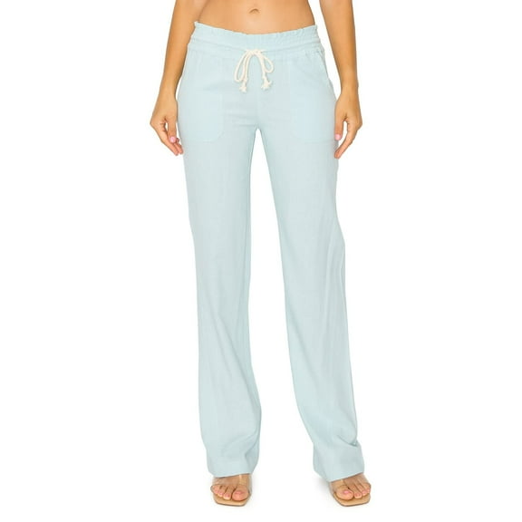 Cali1850 Women's Casual Linen Pants 32" Inseam Oceanside Drawstring Smocked Waist Lounge Beach Pants with Pockets