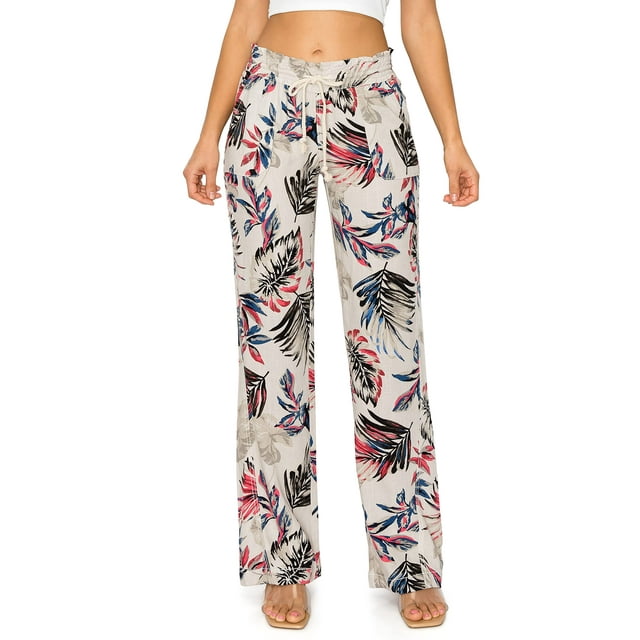 Cali1850 Women's Casual Linen Pants 32" Inseam Oceanside Drawstring Smocked Waist Lounge Beach Pants with Pockets