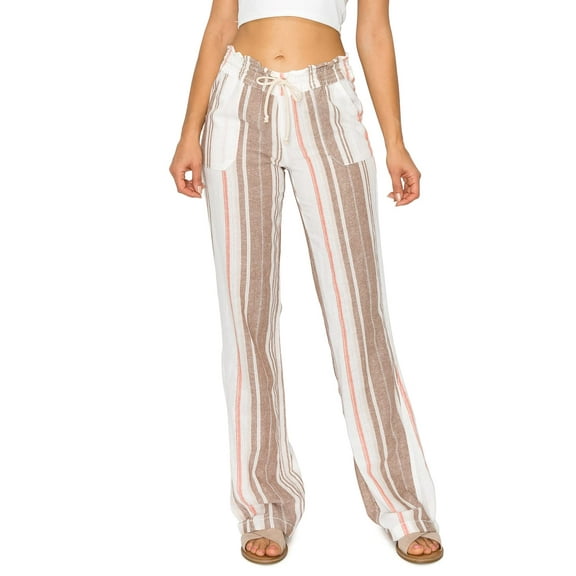 Cali1850 Women's Casual Linen Pants 32" Inseam Oceanside Drawstring Smocked Waist Lounge Beach Pants with Pockets