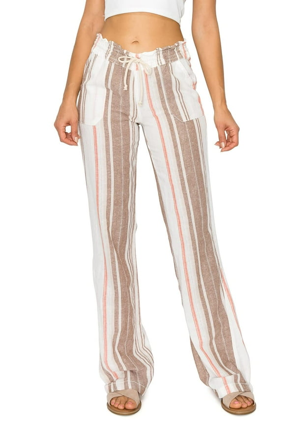 Women's Casual Linen Pants 32" Inseam Oceanside Drawstring Smocked Waist Lounge Beach Pants with Pockets