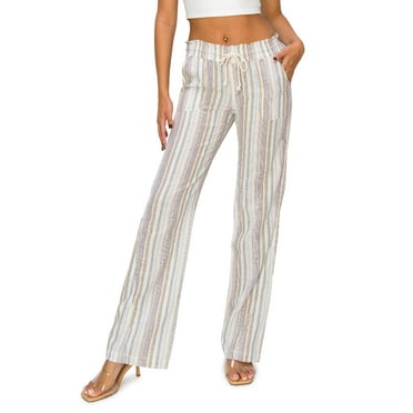 Cali1850 Women's Casual Linen Pants 32" Inseam Oceanside Drawstring Smocked Waist Lounge Beach Pants with Pockets