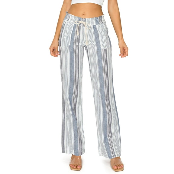 Cali1850 Women's Casual Linen Pants 32" Inseam Oceanside Drawstring Smocked Waist Lounge Beach Pants with Pockets