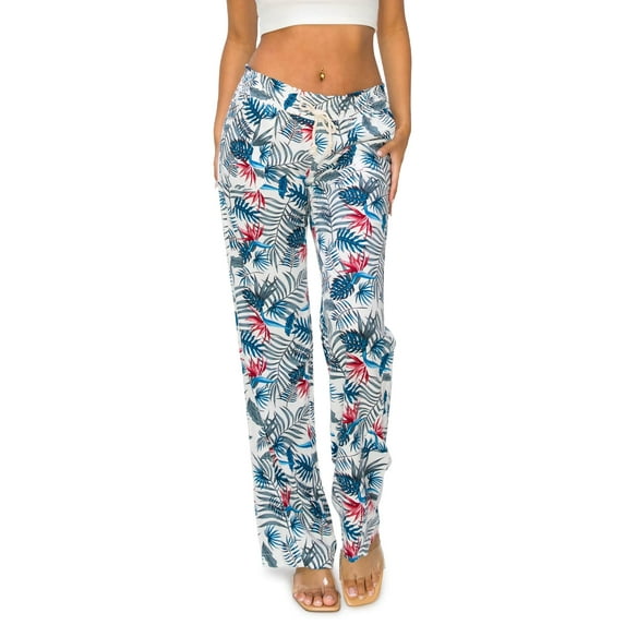 Cali1850 Women's Casual Linen Pants 32" Inseam Oceanside Drawstring Smocked Waist Lounge Beach Pants with Pockets