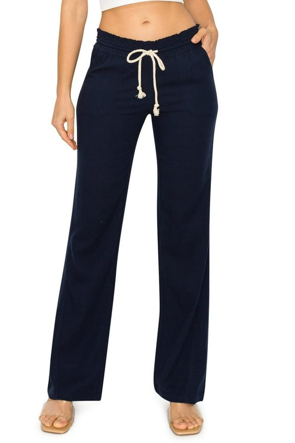 Women's Casual Linen Pants 32" Inseam Oceanside Drawstring Smocked Waist Lounge Beach Pants with Pockets