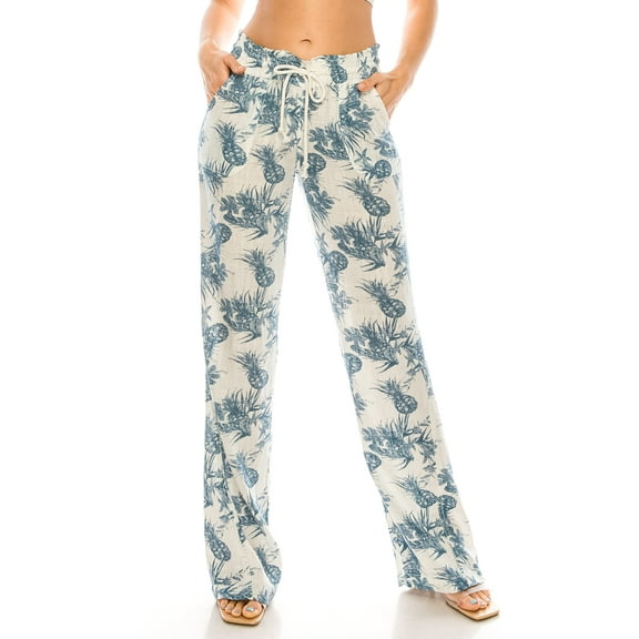 Cali1850 Women's Casual Linen Pants 32" Inseam Oceanside Drawstring Smocked Waist Lounge Beach Pants with Pockets