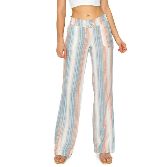 Cali1850 Women's Casual Linen Pants 32" Inseam Oceanside Drawstring Smocked Waist Lounge Beach Pants with Pockets