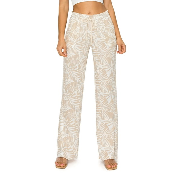 Cali1850 Women's Casual Linen Pants 32" Inseam Oceanside Drawstring Smocked Waist Lounge Beach Pants with Pockets