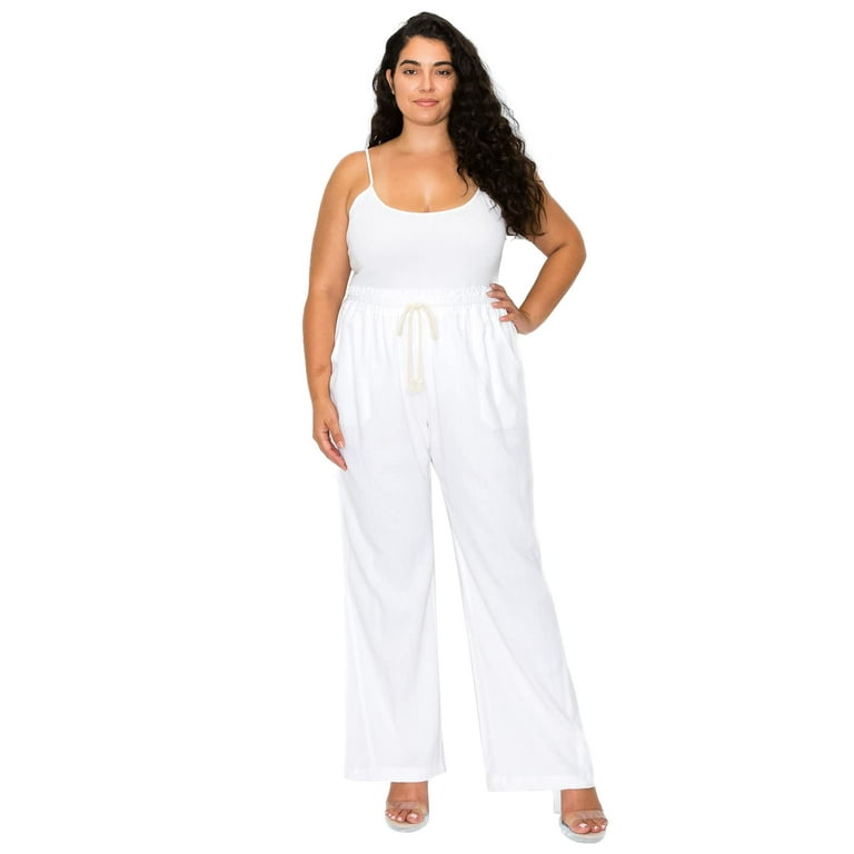 Cali1850 Women's Casual Linen Pants - 32 Inseam Oceanside Drawstring  Smocked Waist Lounge Beach Trousers with Pockets 7024X-LNN White 1X 