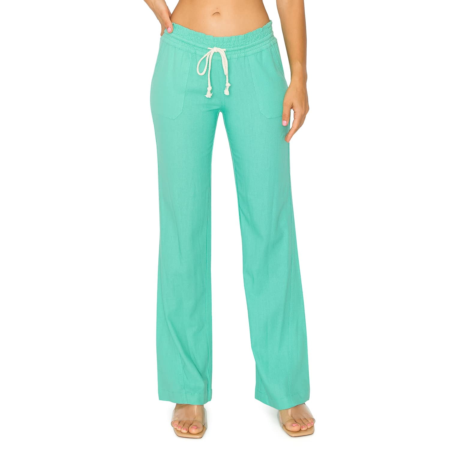 Cali1850 Women's Casual Linen Pants - 32 Inseam Oceanside Drawstring  Smocked Waist Lounge Beach Trousers with Pockets 7024Z-LNN Aqua M
