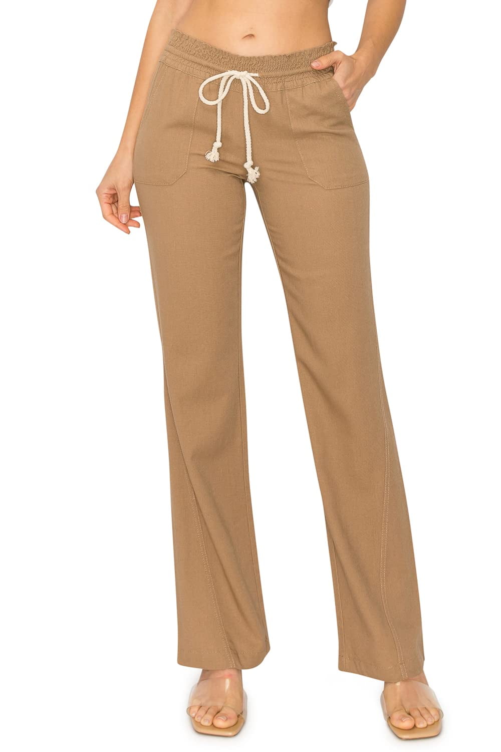 Cali1850 Women's Casual Linen Pants - 32 Inseam Oceanside Drawstring  Smocked Waist Lounge Beach Trousers with Pockets 7024Z-LNN LTGrey L 