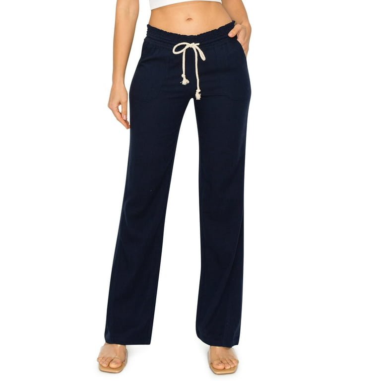 Cali1850 Women's Casual Linen Pants - 32 Inseam Oceanside Drawstring  Smocked Waist Lounge Beach Trousers with Pockets 7024Z-LNN LTGrey L 