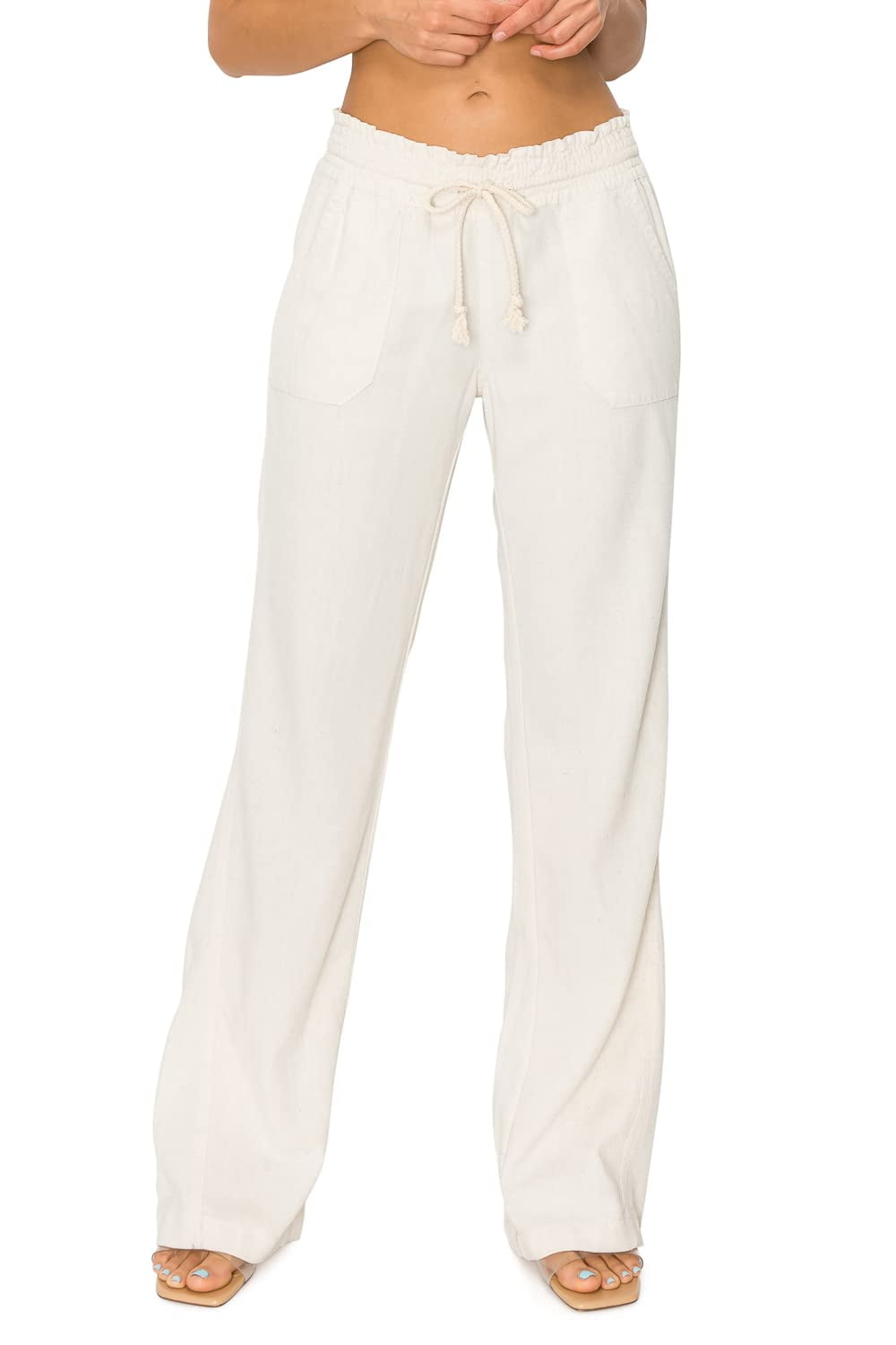 Cali1850 Women's Casual Linen Pants - 32 Inseam Oceanside Drawstring  Smocked Waist Lounge Beach Trousers with Pockets 7024Z-LNN Oatmeal XL 