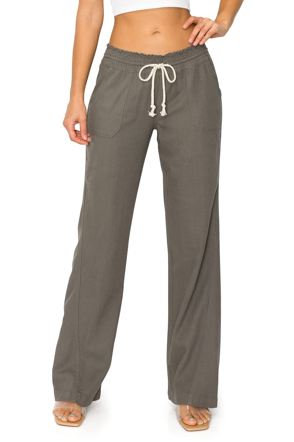 Cali1850 Women's Casual Linen Pants - 32 Inseam Oceanside Drawstring  Smocked Waist Lounge Beach Trousers with Pockets 7024Z-LNN Olive XL 