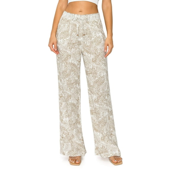 Cali1850 Women's Casual Linen Pants 32" Inseam Oceanside Drawstring Smocked Waist Lounge Beach Trousers with Pockets