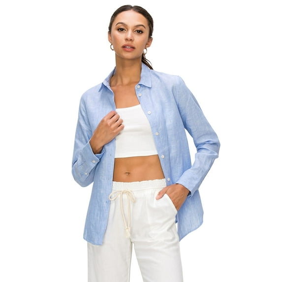 Cali1850 Women's Casual Linen Shirts Classic Fit 100% Linen Long Sleeve Fitted Button Down Top Collared Blouse