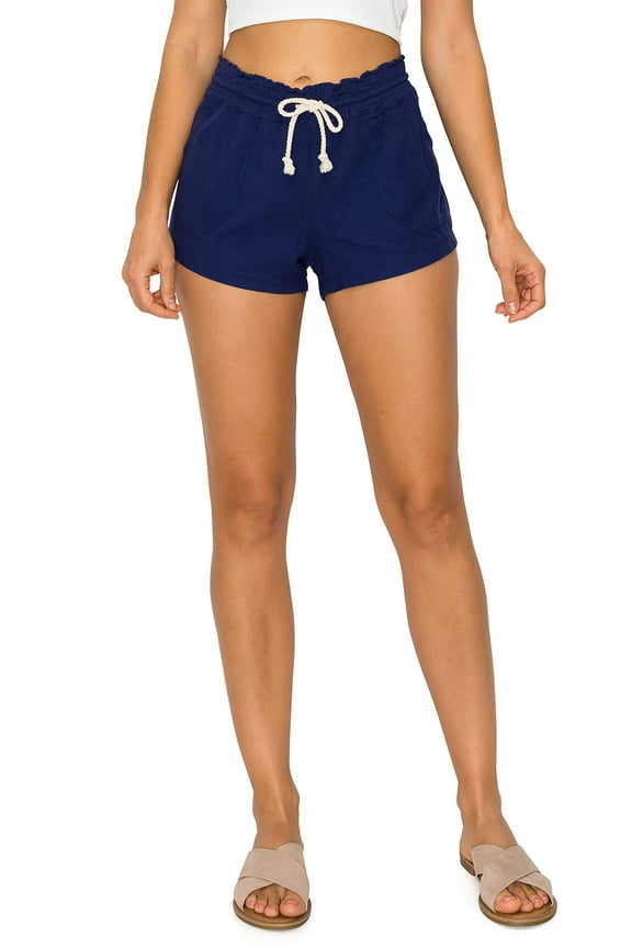 Women's Casual Linen Shorts - Drawstring Smocked Waist Oceanside Lounge Beach Printed Pants with Pockets