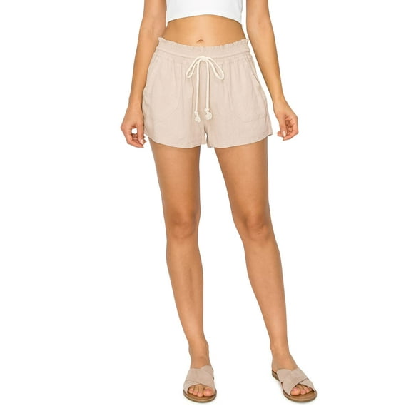 Cali1850 Women's Casual Linen Shorts - Drawstring Smocked Waist Oceanside Lounge Beach Printed Pants with Pockets