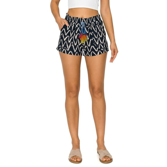Cali1850 Women's Casual Linen Shorts - Drawstring Smocked Waist Oceanside Lounge Beach Printed Pants with Pockets
