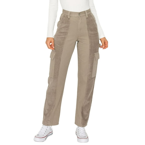 Cali1850 Women's Corduroy Skate Cargo Pants High Waisted Contrast Twill Fabric Casual Multi Pockets Trousers