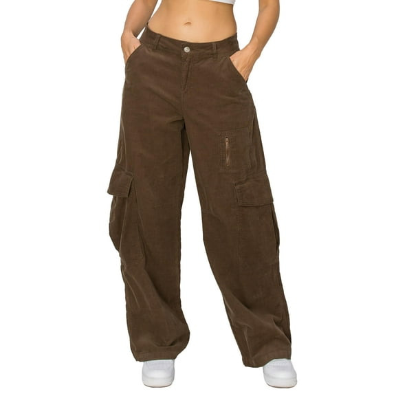 Cali1850 Women’s Corduroy Wide Leg Cargo Pants Low Rise Casual Multi Pockets Streetwear Trousers